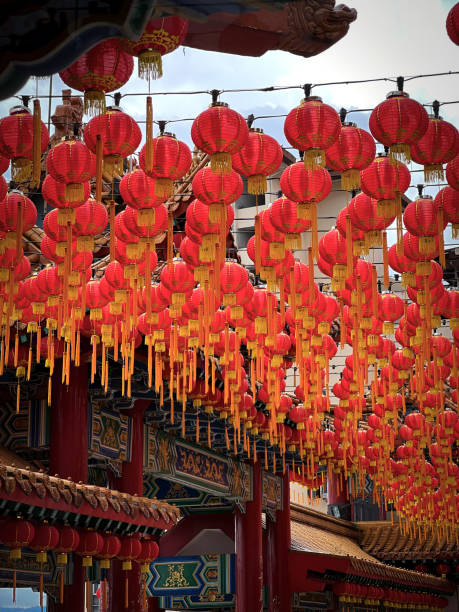 istock Rows of Chinese red lanterns hanging at the temple courtyard 1366608176