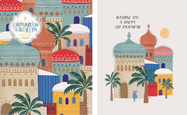 라마단 카림! 이드 무바라크! 이슬람 휴일 벡터 일러스트레이션, 아랍어 건축, 모스크, 포스터, 축하 또는 카드에 대한 패턴과 배경 - muslim festival stock illustrations