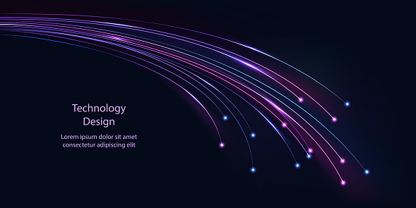 Fiber optic network technology. Neon glowing cable lines with light flare effect. Abstract tech design background. Network, connection, communication. Vector illustration
