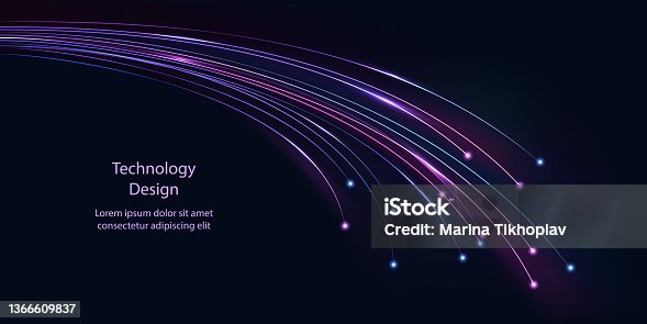 istock Fiber optic network technology. Neon glowing cable lines with light flare effect. Abstract tech design background. Network, connection, communication. Vector illustration 1366609837