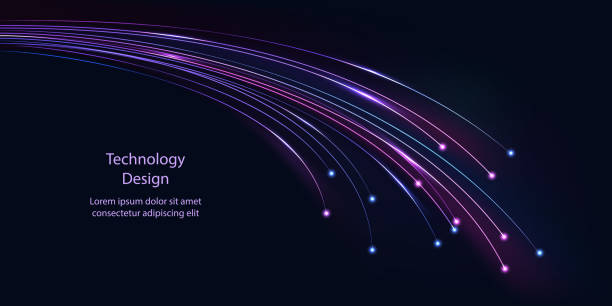 Fiber optic network technology. Neon glowing cable lines with light flare effect. Abstract tech design background. Network, connection, communication. Vector illustration Fiber optic network technology. Neon glowing cable lines with light flare effect. Abstract tech design background. Network, connection, communication. Vector illustration fiber stock illustrations