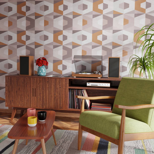 Retro style living room with hi-fi audio turntable. Colorful patterns and furniture. 3D render. stock photo