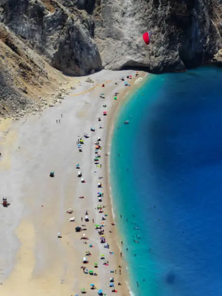 Aerial view of amazing blue water beach in Myrtos Kefalonia