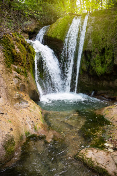 istock Beautiful waterfall in green forest among trees 1366610375