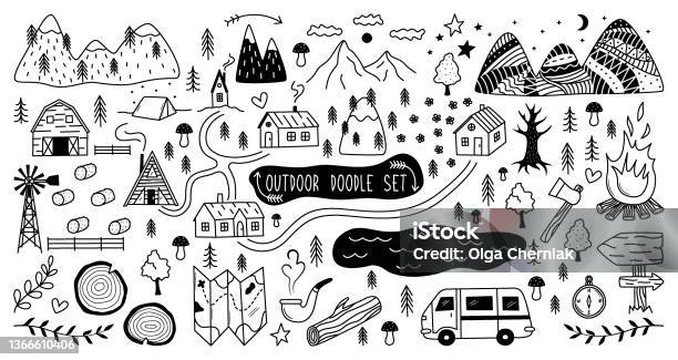 Elementi Di Doodle Da Campeggio Escursionismo E Viaggio Allaperto - Immagini vettoriali stock e altre immagini di Scarabocchio - Disegno