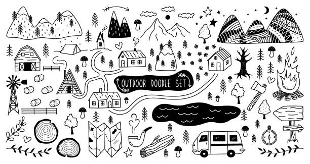 Outdoor camping, hiking and travel doodle elements Outdoor camping, hiking and travel doodle elements. Hand drawn countryside village with huts, cabin, houses roads and farm for kids game and design. Outline vector mountains, forest, tourism equipment drawings of log cabins stock illustrations