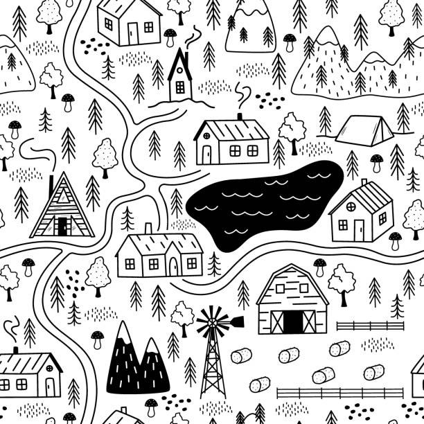бесшовный рисунок карты сельской деревни - sketch landscape mountain barn stock illustrations