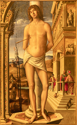 Forlí - The paiting of St. Sebastian in the church Cattedrale di Santa Croce by Nicolo Rondinelli (1470 - 1510).