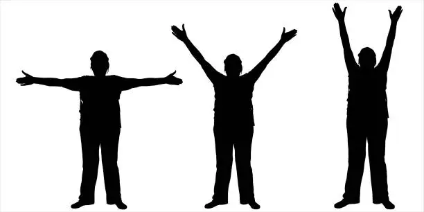 Vector illustration of Female silhouette in pants, in a cap. Standing sports exercises. Hands are raised higher and higher. Three women in different positions with their hands up. Black silhouette isolated on white. Fitness