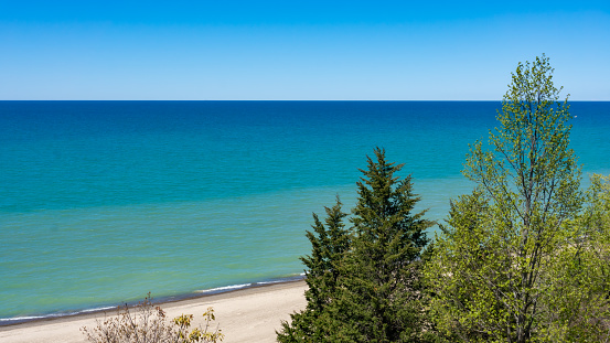 Indiana Dunes National Park, Indiana, USA. The views of Lake Michigan and the sand dunes are popular beach and hiking attractions.