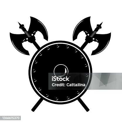 istock crossed battle axes and round shield heraldic vector design 1366615370