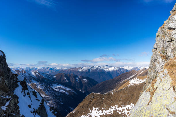 Panorama on mountain peaks during snow thaw
