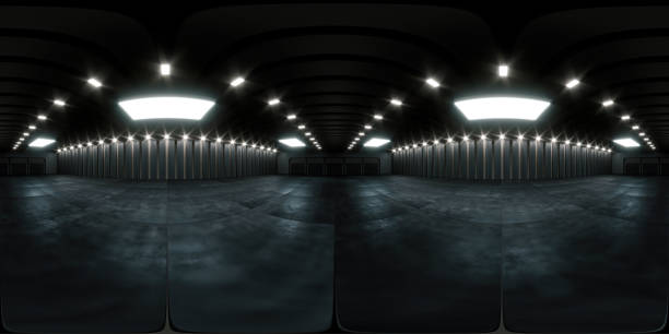 Full spherical panorama 360 degrees of empty exhibition space. backdrop for exhibitions and events. Tile floor. Marketing mock up. 3D render illustration