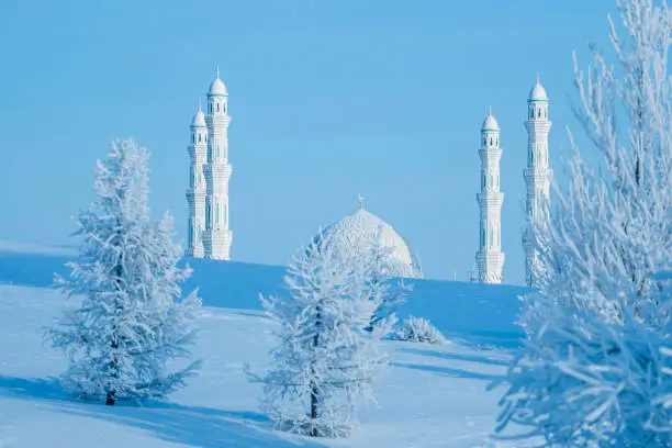 Nur Astana Mosque, in the capital of Kazakhstan. Photo taken during a sunny and cold winter day.