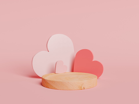 wooden cylinder with hearts on the back for product sample. valentine, gift, beauty and love concept. 3d rendering