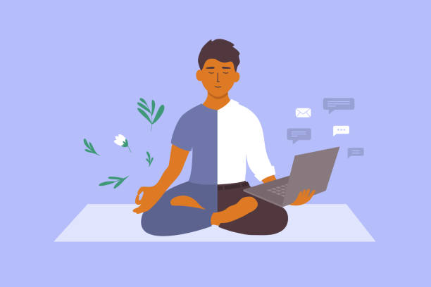 Vector illustration of work life balance concept with business man meditating in yoga pose holds laptop in hand Work life balance vector concept. Business man meditating yoga pose holds laptop in hand. Half of male character choosing healthy relax, leisure, other one career. Dividing office vs home illustration life balance stock illustrations