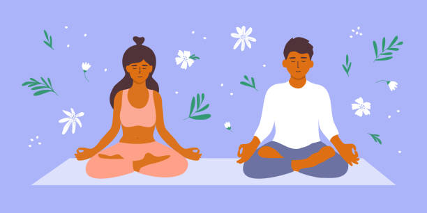 선, 명상의 벡터 일러스트, 남자와 여자와 함께 휴식 은 꽃과 잎 사이 요가 매트에 연꽃 포즈에 앉아 명상 - meditating practicing yoga body stock illustrations