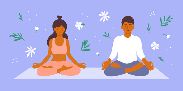 Vector illustration of zen, meditation, relax with man and woman meditate sitting in lotus pose on yoga mat among flowers and leaves