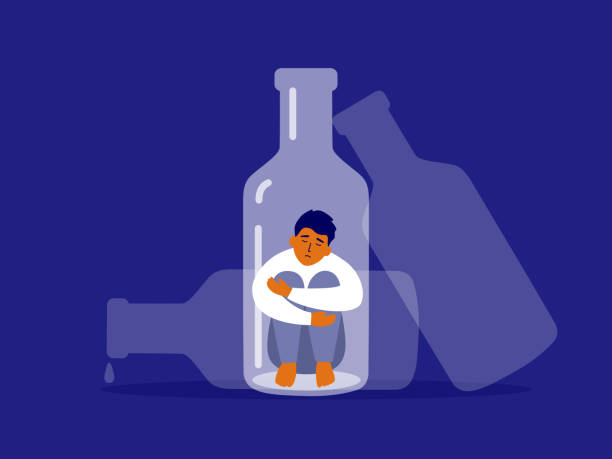 Vector illustration of male alcoholism with unhappy man sitting at alcohol drink bottle bottom hugging knees Alcoholism concept. Unhappy man sitting at bottle bottom hugging knees. Sad drunk male person, exhausted alcoholic guy. Social issue, abuse, addiction. Empty alcohol drink bottles vector Illustration alcoholism stock illustrations