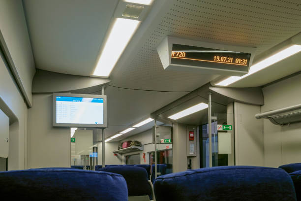 Interior of a modern train with seating. Lastochka train. stock photo