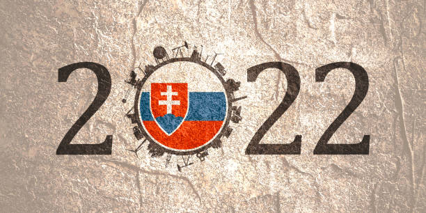 2022 year number with industrial icons around zero digit. Flag of Slovakia. Industrial lettering design. Energy generation and heavy industry development concept каким будет 2022 год stock illustrations