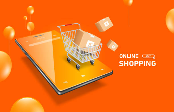 ilustrações de stock, clip art, desenhos animados e ícones de shopping cart is placed on an orange smartphone - white background red colors paper