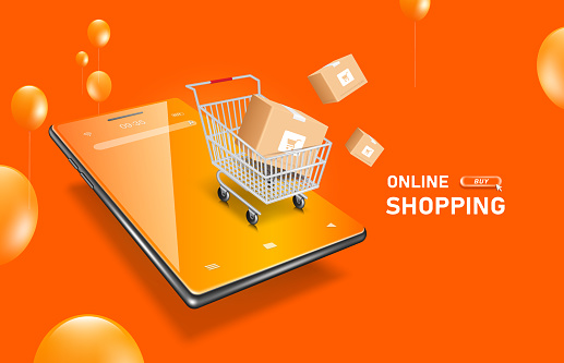 shopping cart is placed on an orange smartphone. and the parcel box that floated out and around there are balloons floating,vector 3d for delivery and online shopping concept design