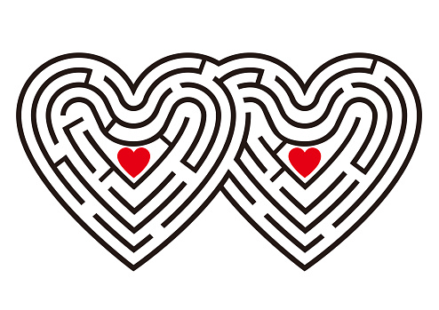 The labyrinth in the shape of two linked hearts. Vector available.