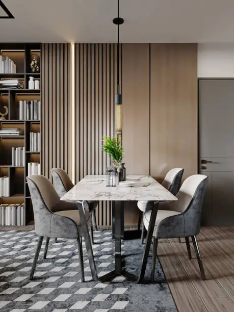 Photo of Modern dining table with white marble top with gray chairs and wood planks on the wall.