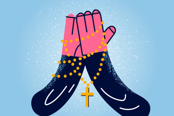 человек руками с крестом на цепи молится - church symbol rosary beads christianity stock illustrations