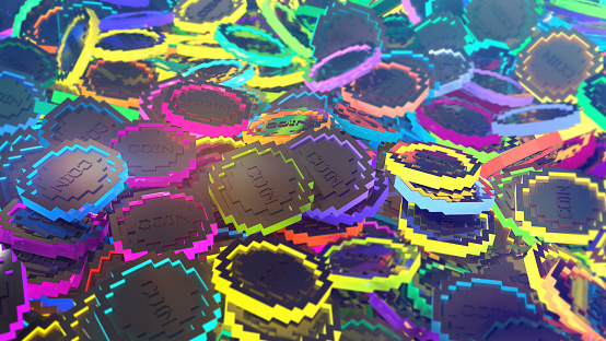 Stylized glowing multicolored digital background with low-poly pixelated abstract coins, high detailed 3D rendered close-up view
