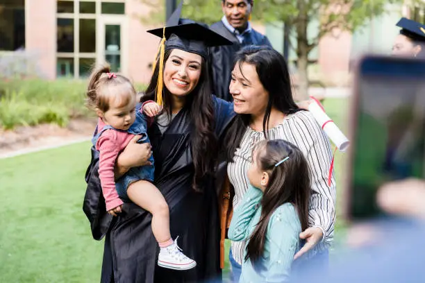 Photo of Unrecognizable person takes photo of multi-generation family at graduation