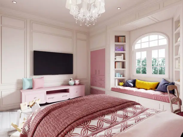 A nursery with pink furniture and beige walls with a large beautiful window and shelves with books. 3d rendering.