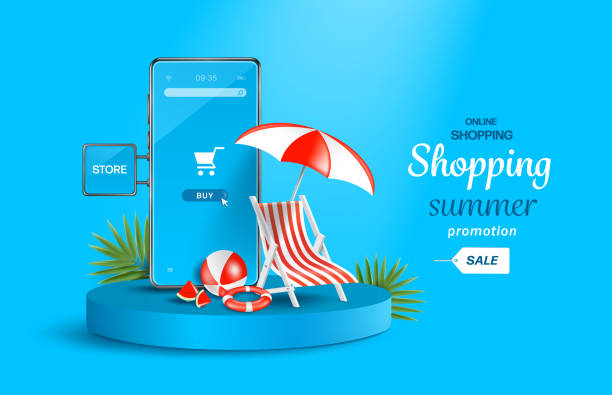 Deck chairs,lifebuoys,volleyball and umbrellas are placed in front of the smartphone shop Deck chairs,lifebuoys,volleyball and umbrellas are placed in front of the smartphone shop with a buy icon on the screen.all placed on circular pedestal,vector3d for online shopping summer sale e commerce paying buying sale stock illustrations