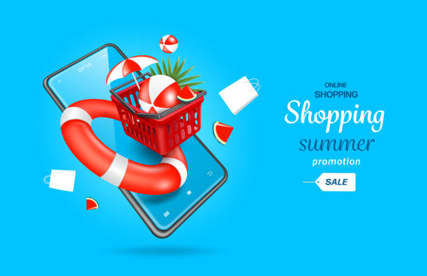 Volleyball and beach umbrellas in red baskets and lifebuoys in front of smartphones Volleyball and beach umbrellas in red baskets and lifebuoys in front of smartphones and there are watermelons,cut in half and shopping bags floating in the air,vector 3d for summer shopping online red beach chairs stock illustrations