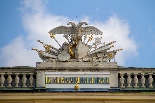 Vienna, Austria, July 22, 2021. Double-headed eagle on the roof of Schonbrunn Palace
