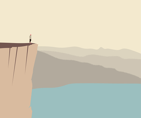A man on the edge of a cliff. Vector illustration. Landscape with rocks and sea.