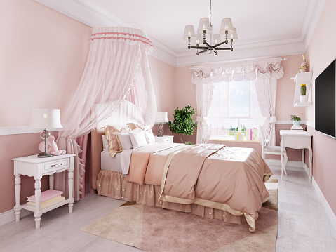 Design of a nursery for a girl in pink tones in a classic style with white bedside tables and a canopy over the bed. 3D rendering.