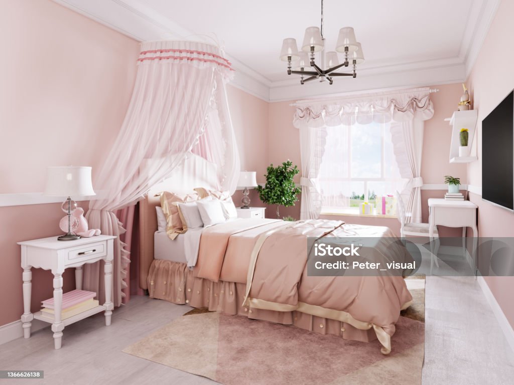 Design of a nursery for a girl in pink tones in a classic style with white bedside tables and a canopy over the bed. Design of a nursery for a girl in pink tones in a classic style with white bedside tables and a canopy over the bed. 3D rendering. Canopy Stock Photo