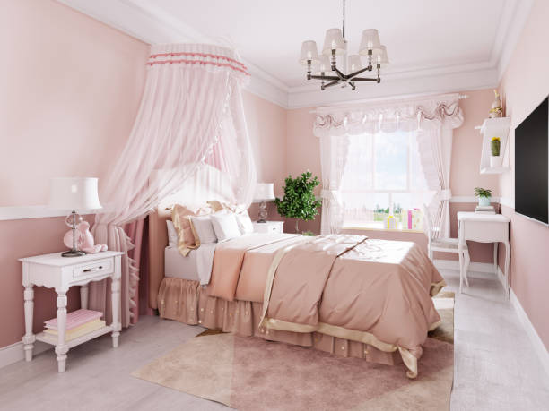 Design of a nursery for a girl in pink tones in a classic style with white bedside tables and a canopy over the bed. Design of a nursery for a girl in pink tones in a classic style with white bedside tables and a canopy over the bed. 3D rendering. pink bed stock pictures, royalty-free photos & images