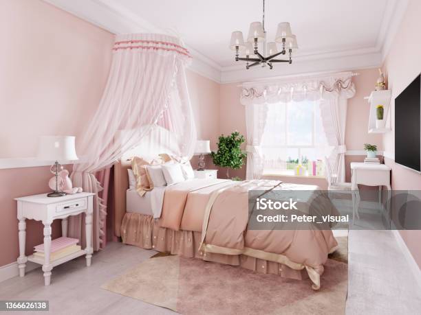 Design Of A Nursery For A Girl In Pink Tones In A Classic Style With White Bedside Tables And A Canopy Over The Bed Stock Photo - Download Image Now