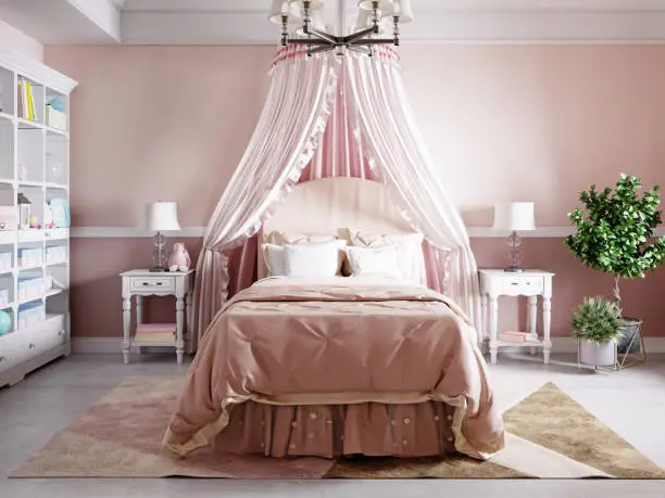 Design of a nursery for a girl in pink colors in a classic style with a beautiful four-poster bed and a white rack with books and toys. 3D rendering.