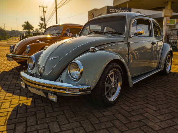 Two VW Beetles Foz do Iguaçu, Paraná, Brazil - July 11, 2021: Two 1984 Volkswagen Beetles. beetle stock pictures, royalty-free photos & images