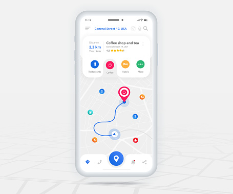 Map GPS navigation ux ui concept, Smartphone map application and destination pinpoint on screen, App search map navigate, Technology map, City navigation maps, City street, tracking, location, Vector