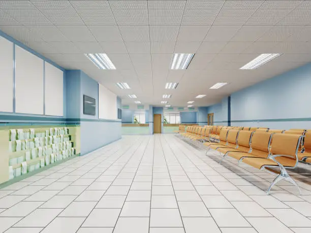 A waiting room in the clinic with orange chairs and light blue walls and white floors. 3d rendering.
