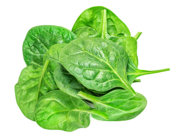 istock Spinach leaves isolated on white background. Spinach salad Closeup. Top view. Flat lay.