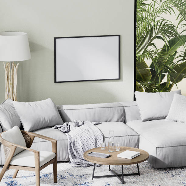 istock frame mock up luxury living room interior with gray sofa with tropical background in window, 3d rendering 1366628065