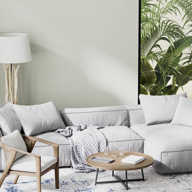 istock luxury living room interior with gray sofa with tropical background in window, 3d rendering 1366628603