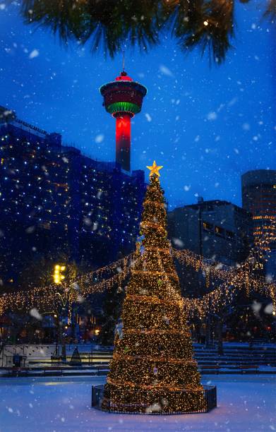 istock Snowfall Over Holiday Decorations At Olympic Plaza 1366629111