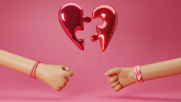 3D Render Two Hands Holding Heart Puzzle Pieces Shiny Balloons stock photo